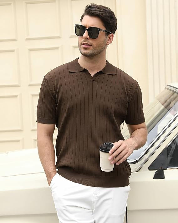 Alex Vando Mens Knit Polo Shirts Casual Short Sleeve Johnny Collar Golf Shirts - Image 6