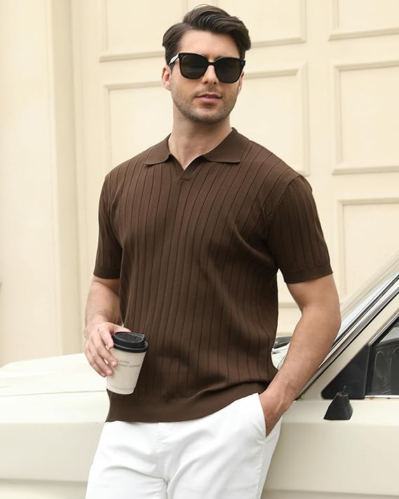 Alex Vando Mens Knit Polo Shirts Casual Short Sleeve Johnny Collar Golf Shirts - Image 5