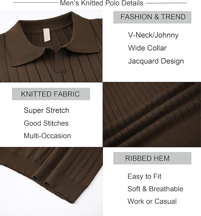 Alex Vando Mens Knit Polo Shirts Casual Short Sleeve Johnny Collar Golf Shirts - Image 3