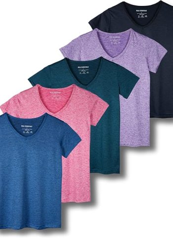 Real Essentials 5 Pack: Women's Short Sleeve V-Neck Activewear T-Shirt Dry-Fit Wicking Yoga Top (Available in Plus)