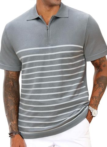 Mens Knit Polo Shirts Short Sleeve Vintage Striped T Shirts Zipper Collared Lightweight Golf Shirt